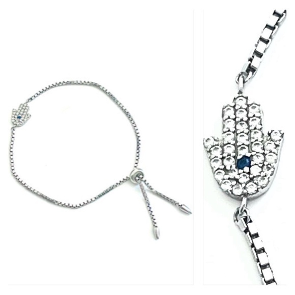 .925 Sterling Silver Hamsa Hand Evil Eye Bracelet with Blue Crystal Accent!